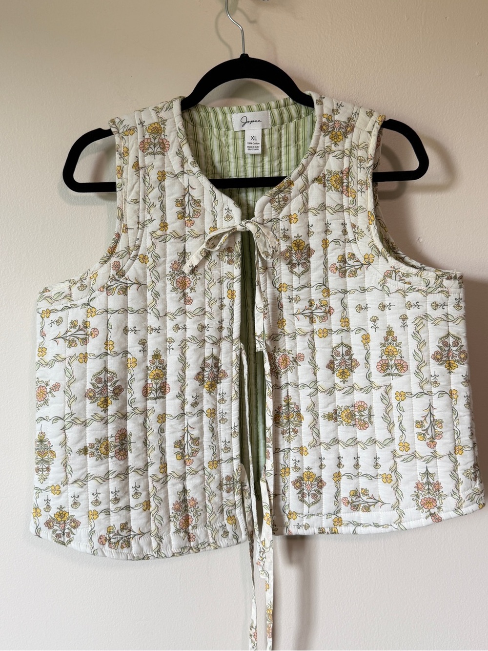 Jopna 100% cotton floral green and yellow boxy tie front quilted vest top sz XL